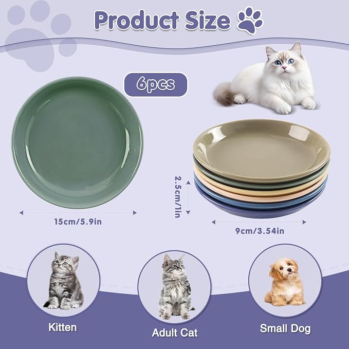 6 Pack Cat Food Bowl, Ceramic Cat Bowls, Anti Whisker Fatigue Cats Bowl Set | 5.5 Inches Shallow Wide Kitten Plates for Food and Water (CaiSe-B)