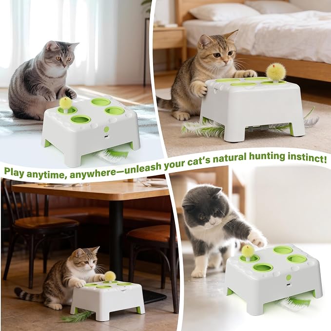 Magic House Cat Toy, Rechargeable Whack-a-Mole Feather Toy | 3 Play Modes, 4 Holes Design, 4 Replacement Accessories, Ideal for Indoor Cats Entertainment