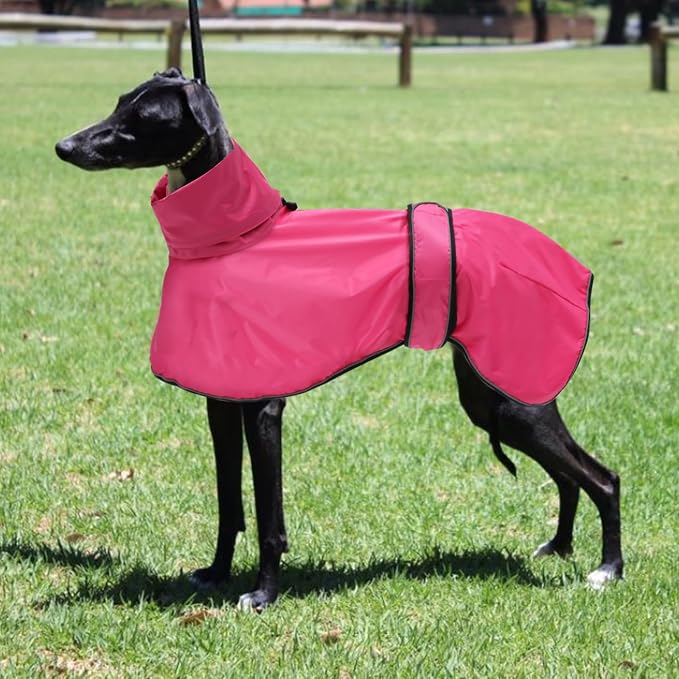 Greyhound Whippet Raincoat Waterproof with Reflective Stripe high Neck fit for Italian Greyhounds Whippets Long Back Breeds - Pink - XXXL