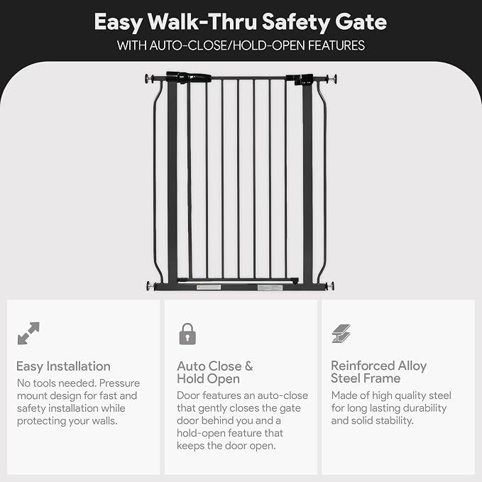 BalanceFrom Easy Walk-Thru Baby Safety Gate, Fits 29.1" to 33.8" Openings | with Hold-Open and Auto-Close – Adjustable Steel Barrier for Stairs, Doorways, and Hallways, No Drilling Installation