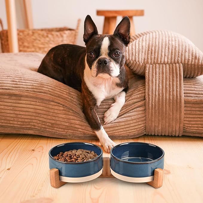 SPUNKYJUNKY Ceramic Dog and Cat Bowl Set with Wooden Stand, Modern Cute Weighted Food Water Bowl Set for Small Size Dogs (1.7 Cups, 2 × Pattern Blue)