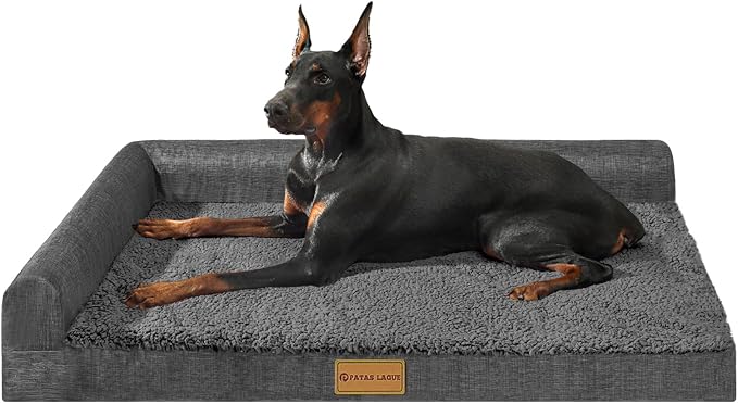 Patas Lague Orthopedic Large Dog Bed Pet Sofa Beds 48''X30''Dark Grey | L Bolster Egg-Crate Foam Dog Couch For Large Sized Dogs, Waterproof Removable Washable Cover, Pet Mat with Nonskid Bottom