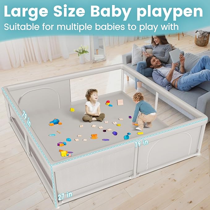 Hiaksedt 79x79 Inch Baby Playpen for Babies and Toddlers | Extra Large Play Yards for Indoor & Outdoor with Zipper Gates, Breathable Mesh with Anti-Slip Base