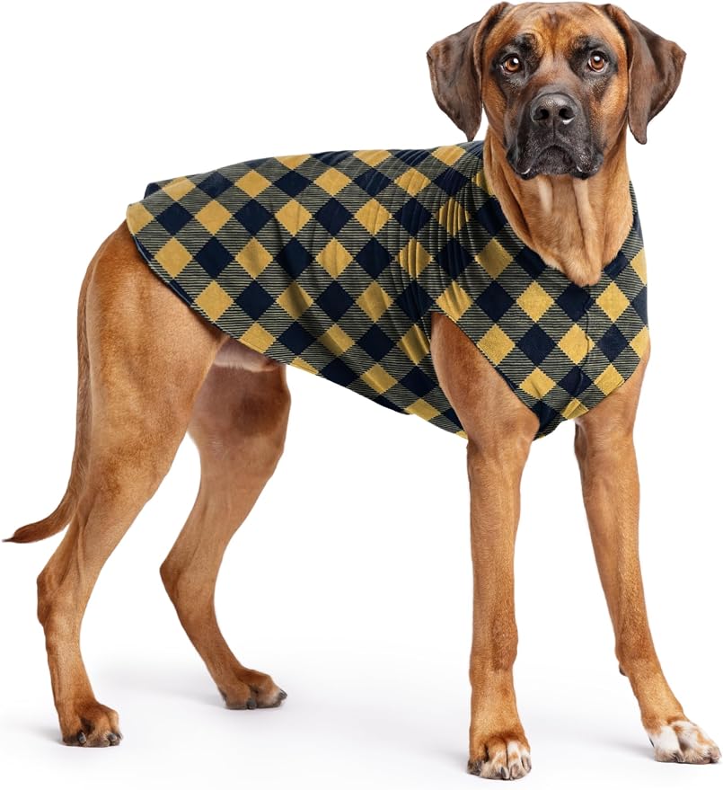 Goldpaw Stretch Fleece Dog Sweater - with Spandex for 4-Way Stretch - Soft, Comfortable Dog Coat - Machine Washable - Made in the USA - Gold Buffalo Check - Size 26