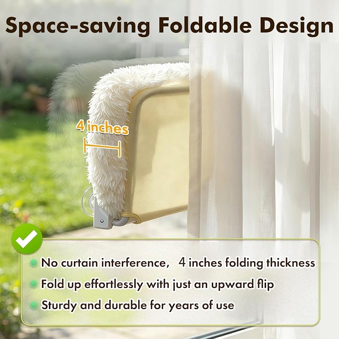 Zoratoo Extra-Thick Cushion Cat Window Perch, Foldable Cat Bed, White | Fluffy Long-pile Bolster, Machine Washable, Cordless Pet Hammock with Sturdy Metal Frame for Cats of All Breed