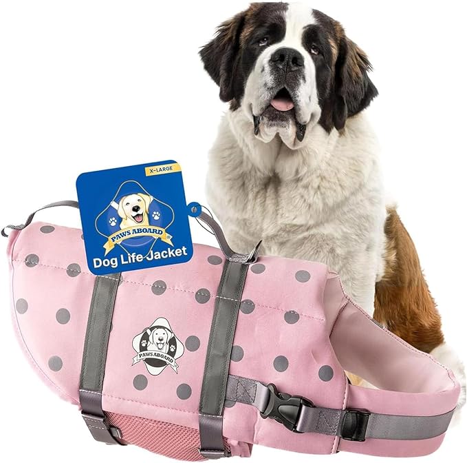 Dog Life Jacket — Premium Swim Vest with SafeChin Anti-Choke Collar | PAWS Aboard Pink | RapidLift Rescue Handle, D-Ring, Reflective Trim | Boating, Kayaking, Pool | X-Large (80–110 lbs)