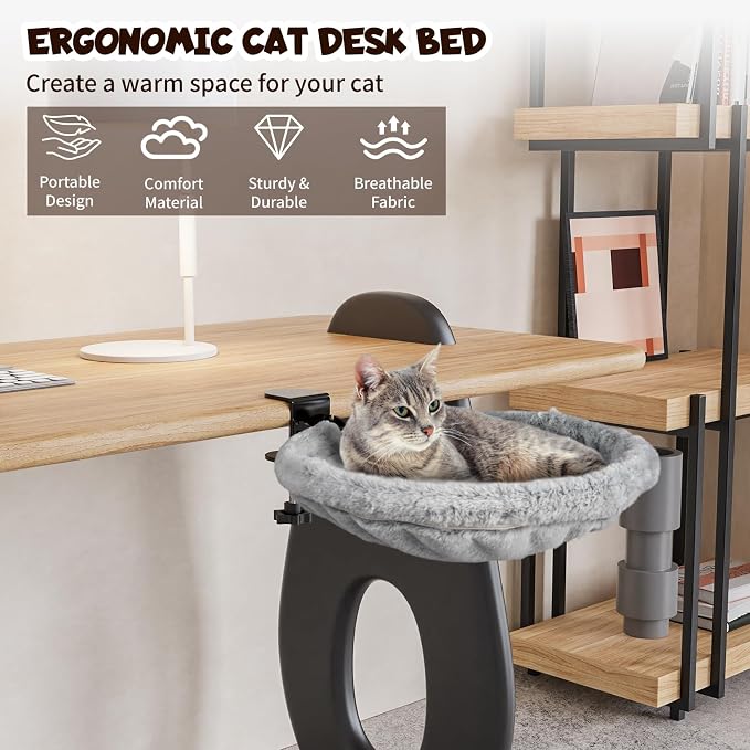Acools Cat Desk Bed, 90° Foldable Cat Hammock with Clamp, 44 lb Capacity | Cat Desk Hammock with Adjustable Clamp; Desk Cat Bed Attachment Features 18"x18" Washable Soft Fabric and Sturdy Metal Frame
