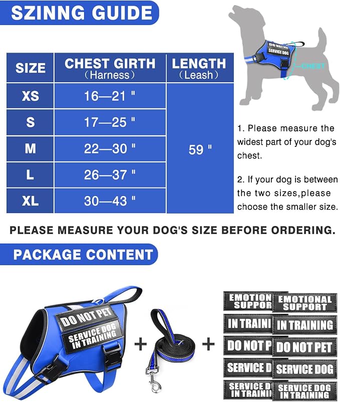 Small Service Dog Vest Harness and Leash Set+10 Patches Blue XS | Adjustable,Reflective,Do Not Pet Emotional Support Dog Vest with 2 Soft Padded Handle,MOLLE,for Everyday Training Hiking