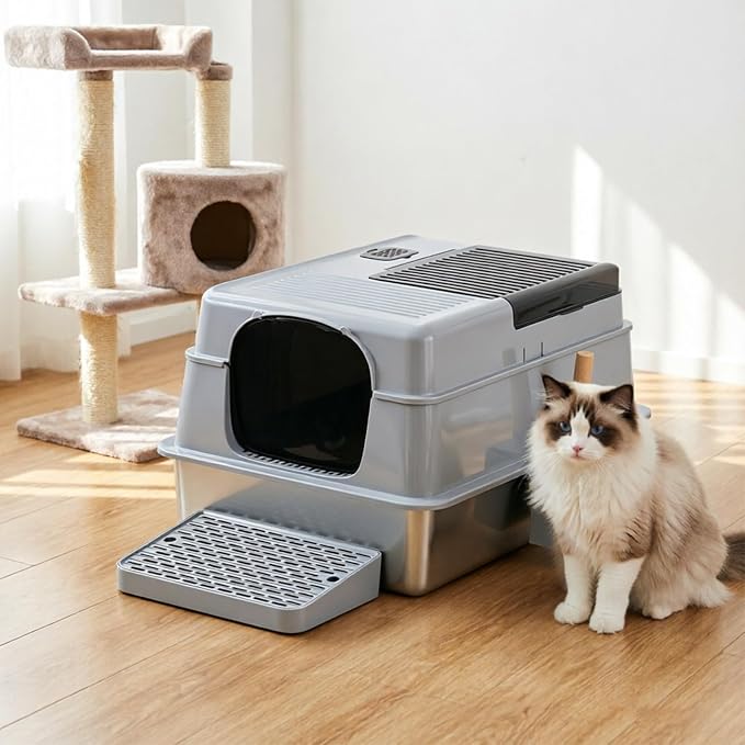 Stainless Steel Litter Box,XXXL Metal Litter Box with Lid | Extra Large Enclosed Litter Boxes for Big Cat, Anti-Urine Leakage,Easy Cleaning, No Smell, Includes Scooper and Mat