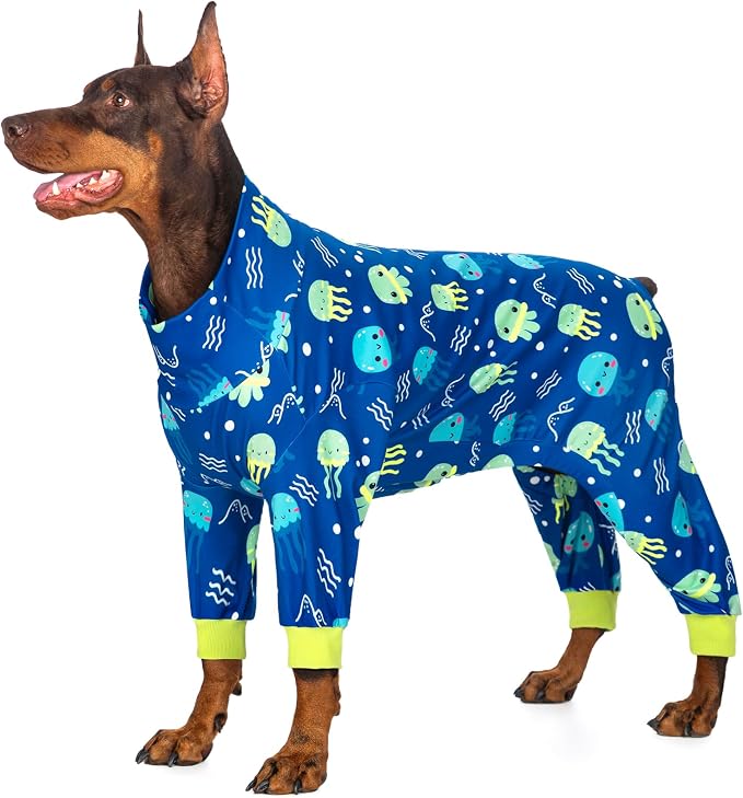 Large Dog Pajamas, Lightweight Stretchy Knit Dog Onesie for Large Breeds, Soft Pet Recovery Shirt, Blue Jellyfish, XXX-Large (55–75 lb)
