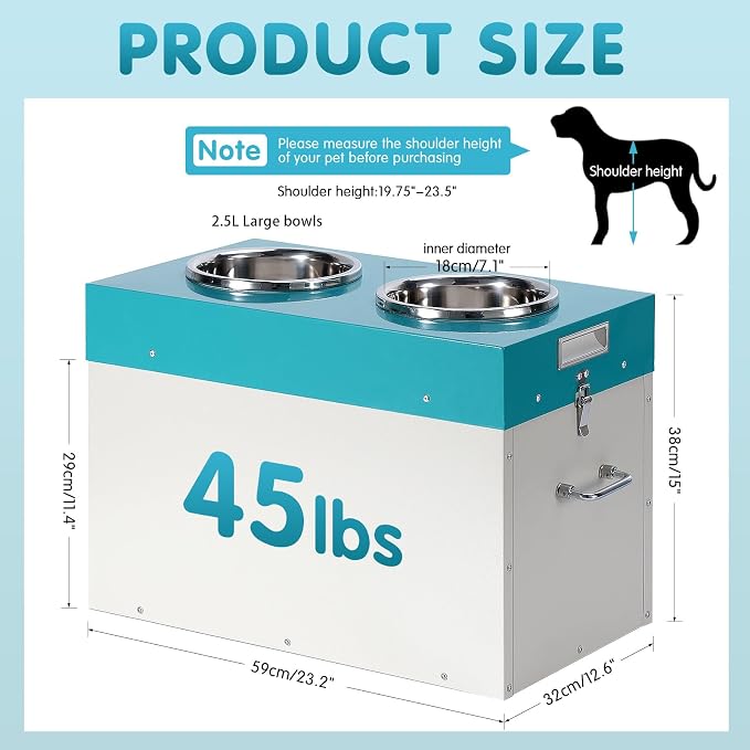 Elevated Dog Bowls with Storage Large 2-in-1 Pet Food Storage Raised Bowl | 15"H Galvanized Steel Raised Bowl for Dogs Holds Up To 45 Lbs 2 Removable Stainless Steel Bowls for Medium & Large Dogs