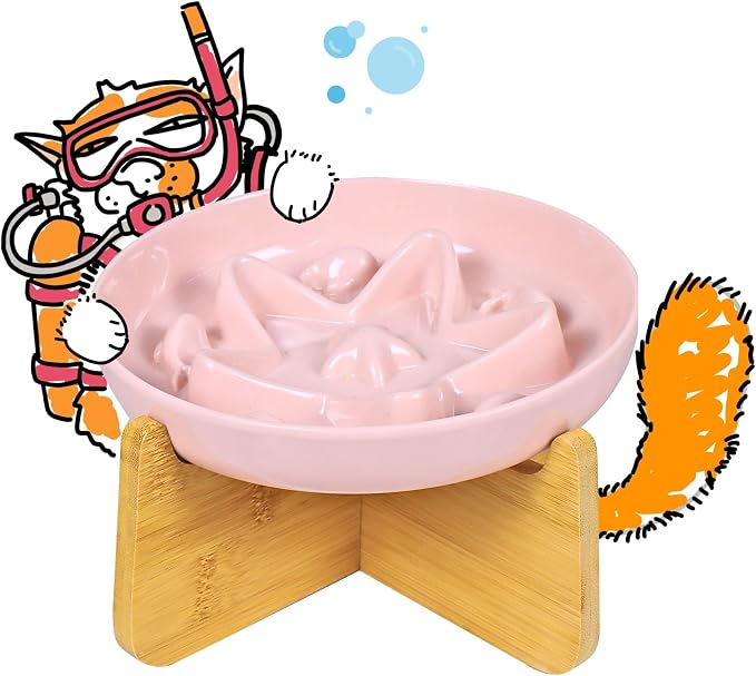 Slow Feeder Cat Bowl with Stand, Melamine Elevated Cat Food Bowl, Whisker Friendly Raised Puzzle Feeder for Cats & Small Dogs, Wet & Dry Food, Dishwasher Safe, Non-Slip (Pink)