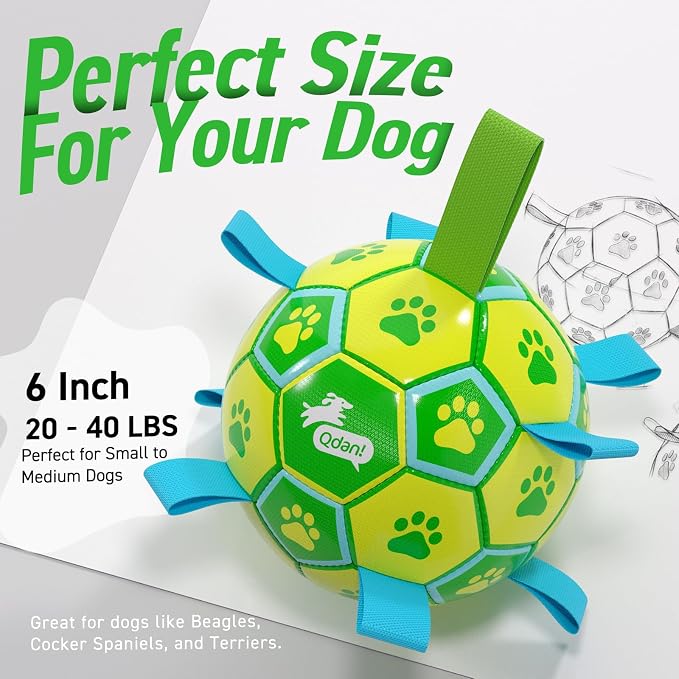 QDAN Dog Toys Soccer Ball, Durable Dog Balls with Strap for 30-90 lbs Dogs | 8 Inch Soccer Toy with Tabs, Training Herding Balls for Outdoor, Dog Tug Toy for Tug of War, Puppy Birthday Gifts, Green