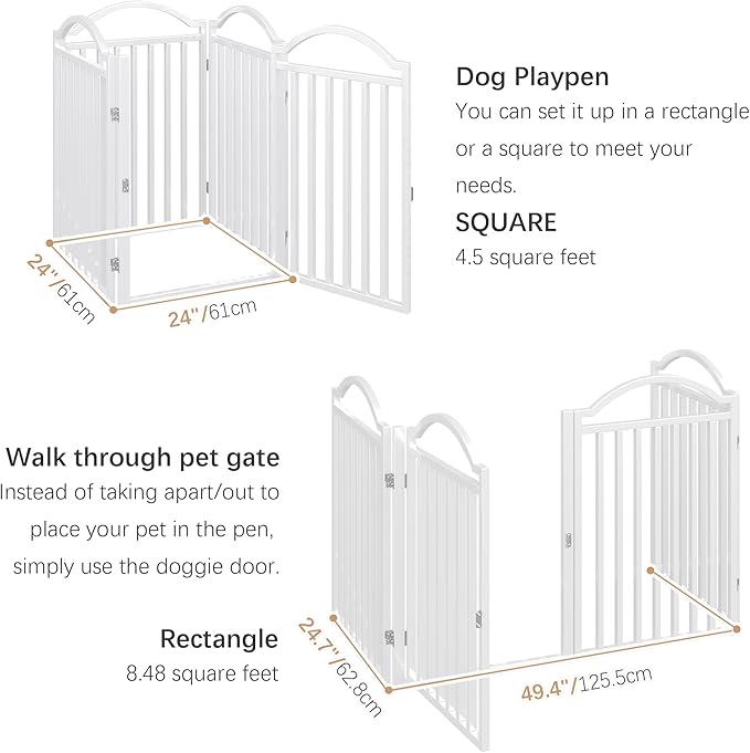 BHG Metal No-Assembly Freestanding Dog Gate with Door Walk Through, Extra Wide 96", Extra Tall 32" Pet Gate, Accordion Puppy Folding Playpen Dog Fence for Indoor & Outdoor, with 2PCS Support - White