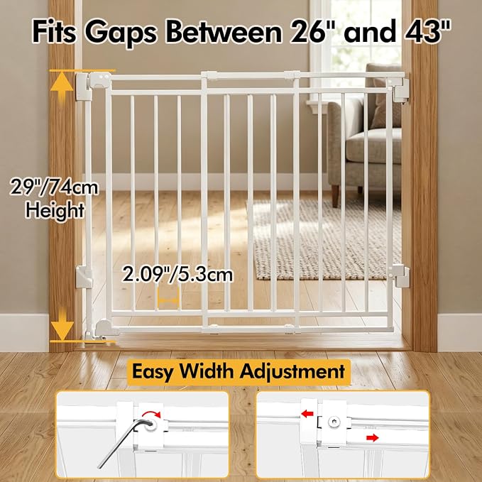 29" Tall Baby & Dog Gate,26-43" W Hardware Mount Gate,White | Auto-Close design,Two-Way Swing, No Bottom Bar,Must Drill to Install