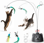 Interactive Cat Toys for Indoor Cats, 360° Automatic Spin Flying Bird Wand | 8cm Suction Cup & Weighted Base, Silicone-Protected Rod, USB Rechargeable with Replaceable Feather & Streamer Attachments