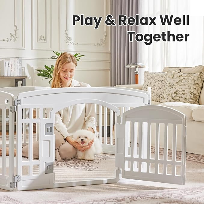 Sweetcrispy Plastic Dog Playpen, 8 Panels 24" Expandable & Durable Pet Fence for Medium Dogs - Indoor & Outdoor Portable Puppy Playpen with Secure Locking Door, White