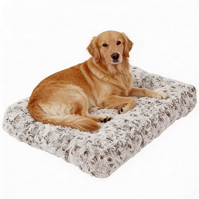 Large Dog Crate Bed, Washable Plush Dog Mat with Thick Cushion Support, Soft Fluffy Dog Pad for Labrador, Golden Retriever, Husky, Boxer, Non-Slip Bottom (Brown, 41.0" L x 27.0" W x 4.0" Th)