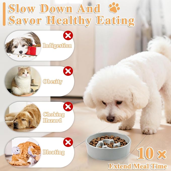 Ceramic Slow Feeder Dog Bowls,0.6 Cups Dog Food Dish for Small Breed | Puzzle Dog Food Bowl for Fast Eater, 15OZ, 6.3 inch(Grey)