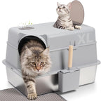 Stainless Steel Litter Box with Lid,XL Large Enclosed Cat Litter Box | Front & Top Entry Metal Litterbox, Odor Control,Anti-Leakage, Non-Sticky, Includes Mat&Scoop,23.8 x 15.8 x 15.8 inches