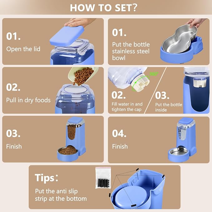 HWONMTE Portable Automatic Cat Feeder and Water Dispenser with Stainless Steel Bowl Dog Gravity Food Feeder and Waterer for Small Medium Pets Puppy Kitten 1 Gallon x 2 (Sapphire Blue)