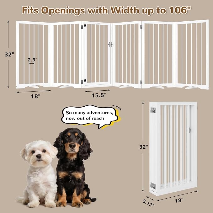 32" Extra Tall Free Standing Dog Gate Indoor, Foldable Pet Gate | for Doorways Stairs, 6-Panel Dog Gate with Door No Drilling, Folding Puppy Gate with Support Feet for Stability, 106"x32"