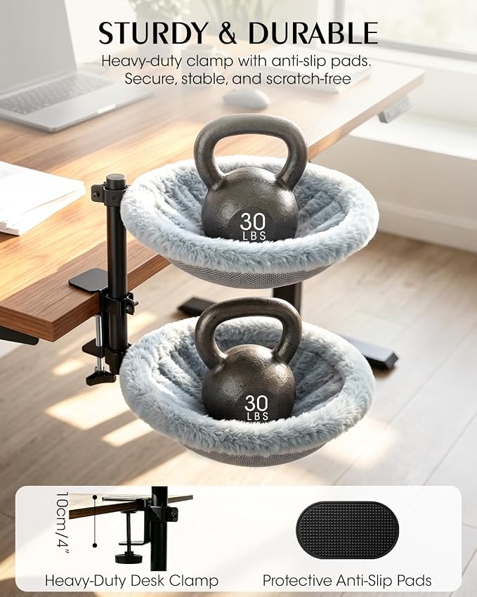 2-Tier Cat Desk Bed, Purrlato Lockable 360° Swivel, Steel Frame, 15.7-Inch | for Large Cats, Adjustable Clamp 0.5-3", Dual-Sided Cushion, 11-14" Height, No-Drill Mount, Machine Washable, Anti-Slip Base