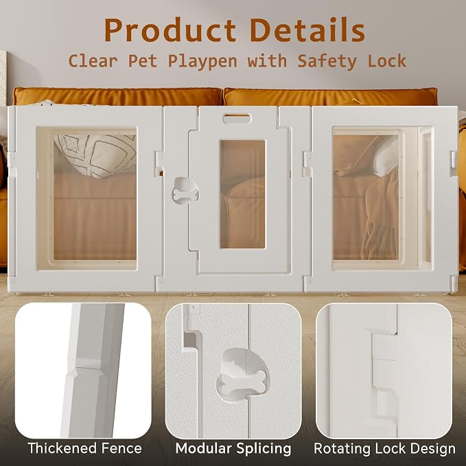 Clear Acrylic Dog Playpen Indoor, Puppy Cat Small Pet Play Pen, Easy Assemble & Disassemble Sturdy Plastic Dog Fence with Heavy Duty Door Lock (24In H, 12Panels), White