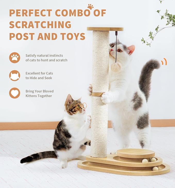 Made4Pets Cat Scratching Post for Indoor Cats with Ball Track 23.4" | Interactive Cat Scratching Post with Natural Sisal Rope, Rolling Ball Track and Taller Scratching Height, Modern Home Décor