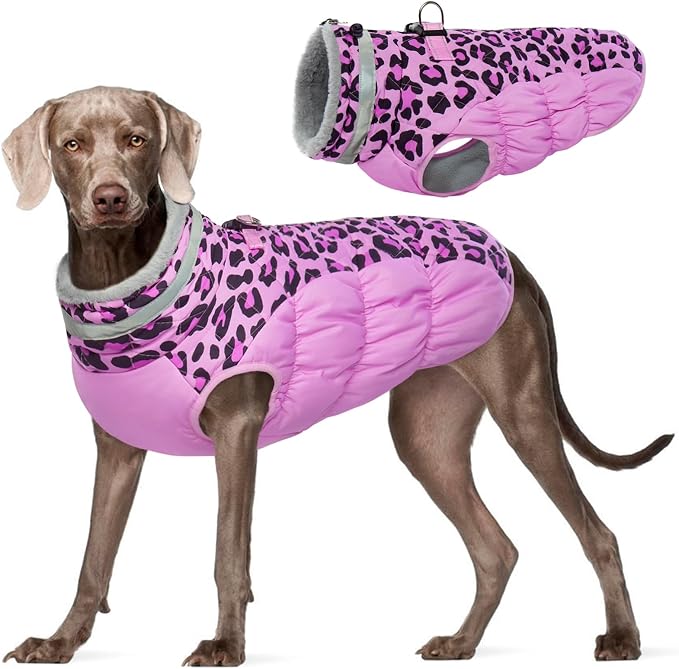 FUAMEY Dog Jacket for Large Dogs Warm Dog Jackets with Harness Built in | Dog Winter Jacket Cold Weather Snow Puppy Vest Water-Resistant Zip up Dog Fleece Jackets High Visibility Pink Leopard XXXL