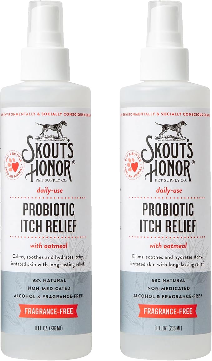 SKOUT'S HONOR Probiotic Itch Relief Spray for Dogs, 8 oz, 2-Pack | Natural, Vegan, Non-Medicated Microbiome-Friendly Formula for Long-Lasting Relief, with Soothing Aloe and Avocado Oil