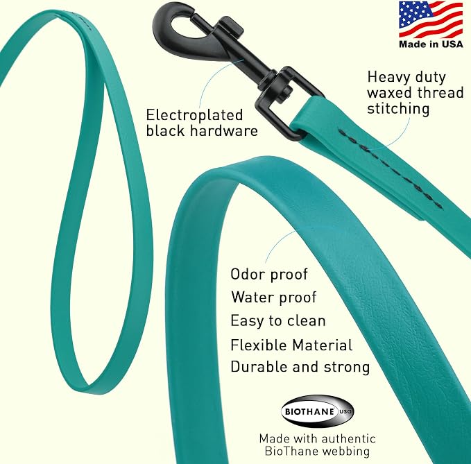 Dogline Biothane Waterproof Dog Leash Strong Coated Nylon Webbing with Black Hardware Odor-Proof Easy to Clean High Performance for Small or Large Dogs Made in USA 4 or 6 ft Lead, Blue Aqua