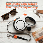 16ft Retractable Dog Leash for Medium Dogs up to 66 lbs, with Waste Bag Dispenser, 5m Heavy Duty Nylon Tape, 360° Tangle-Free, One-Handed Brake & Lock, Anti-Slip ABS Handle (16FT-White)