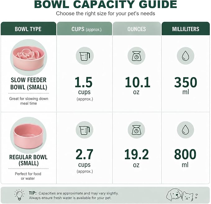 Ceramic Slow Feeder Dog Bowls with Raised Stand, 1.5 Cups Elevated Slow Feeding Bowl for Small and Medium Dogs and Cats, Non-Slip Pet Food Dish Helps Reduce Gulping and Bloating