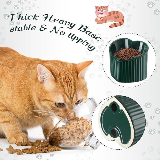 Mumufy 2 Pcs Ceramic Elevated Cat Bowls Tilted Elevated Raised Pet Bowls Anti Vomit Cat Dish for Indoor Stress Free Water Dish Feeder for Puppies, Heart Shaped(Macaron Blue, Peacock Green)