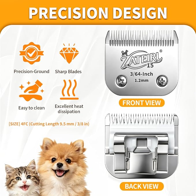 Size 15 Detachable Pet Grooming Clipper Blade with Ceramic Cutter, 1.2mm 3/64 Inch Cut Length, Silver, Compatible with Andis, Oster A5, Wahl KM10, 3 Pack