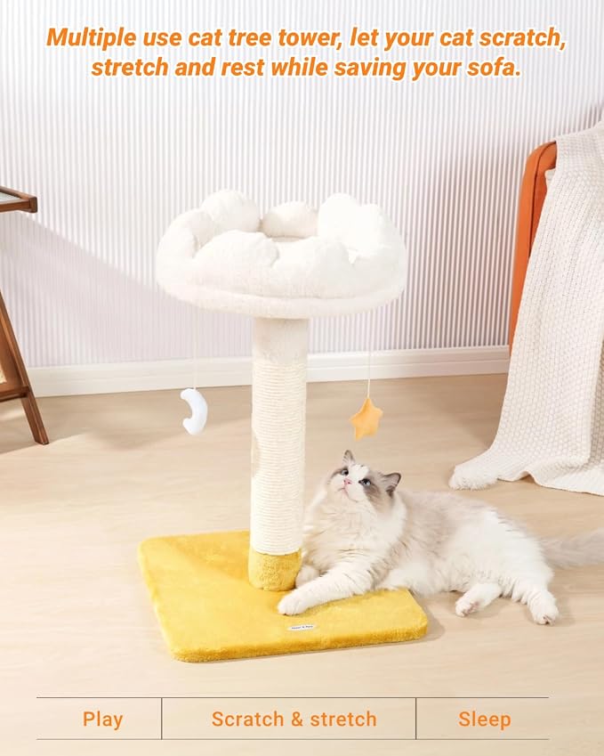 Happi N Pets Tall Cat Scratching Post with Large Bed, Thick Posts with Toys | 28" Tall For Large Cats, Easy To Clean, Cloud-Shaped Soft Perch, Removeable Cover, Stable Cat Stand, Bonus Catnip