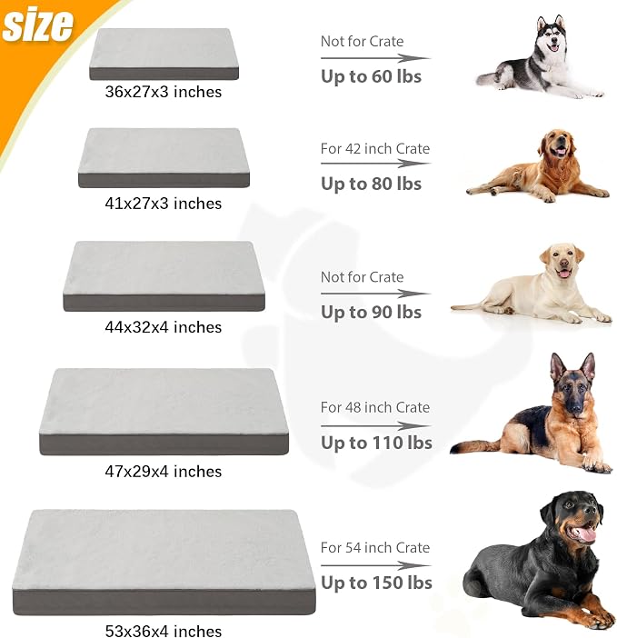 KSIIA Orthopedic Dog Bed for Extra Large Dogs with Waterproof, Grey, 53x36 | Deluxe Soft Plush Dog Crate Bed, Washable Pet Mat with Removable Cover & Egg Crate Foam for Extra Large Dogs Sleeping