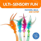 Cat Teaser Toys with Feathers and Bells, Flexible Tube 4-Pack | Four colorful teaser toys with feathers, bells, pom-poms, and flexible mesh tubes for chasing, batting, and pouncing