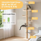 Veehoo Floor to Ceiling Cat Tree, 61-113" Adjustable Tall Tension Cat Tower | 4.5" Sturdy Thickened Scratching Posts, Space-Saving, 6 Tier Climbing Pole, No Drilling, Corner Tree for Indoor Cat, Wood