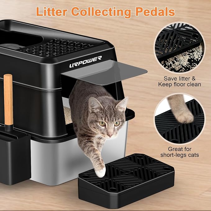 URPOWER Extra Large Stainless Steel Litter Box with Lid for Large Cats | Non-Stick Metal Pan, Front & Top Entry, Odor Control, Anti-Leakage, Easy to Clean, Step and Scoop Included