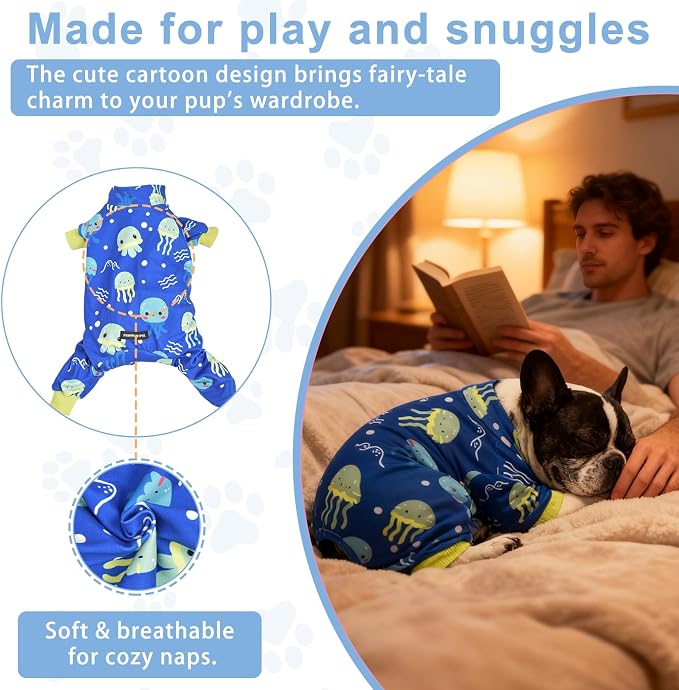 Large Dog Pajamas Pet Recovery Shirt Dog Pjs Cute Lightweight Stretchy Knit Pullover Large Dogs Pajamas Onesie for Small, Medium and Large Breeds (XX-Large (40-55lb), Blue Jellyfish)