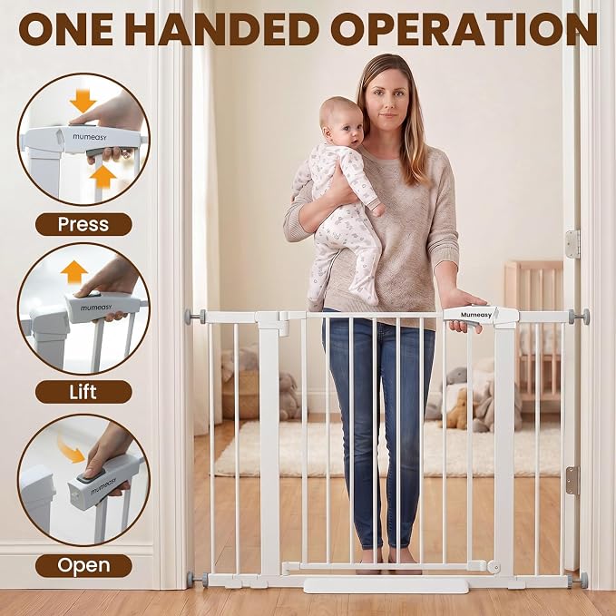 Mumeasy 29.7-43" Adjustable Baby Gate, Auto Close Dog Gate for Doorways | No drill installation, one hand operation, adjustable width, secure locking system, for dogs pets babies toddlers