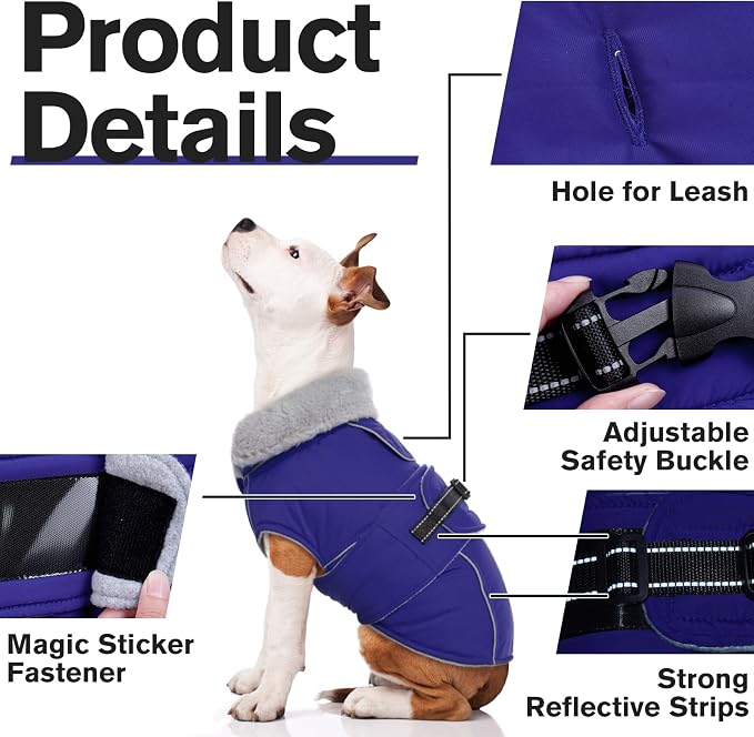 Lelepet Dog Coat Waterproof Dog Jacket Fleece Vest with Adjustable Buckle | Reflective Pet Winter Coat Turtleneck Snowsuit Windproof Cold Weather Coats for Small Medium Large Dogs,Leash Hole,Blue, S