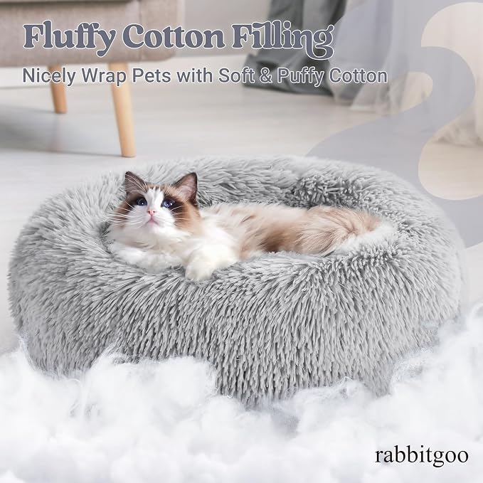 rabbitgoo Calming Cat Beds for Indoor Cats, 20 inches, Light Grey | Soft Warm Donut, Fluffy Faux Fur, Supportive Raised Rim, Anti-slip, Machine Washable, Up to 15lbs Kittens & Small Cats