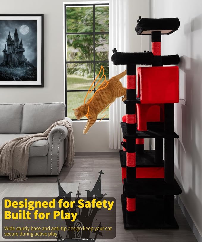 Gothic Cat Tree, 71 Inch Heavy Duty Cat Trees for Large Cats | Cat Tree Tower for Indoor Cats Large Adult with Cat Scratching Post & 2 Condos, 9 Sisal Posts & Hammock, Black Red