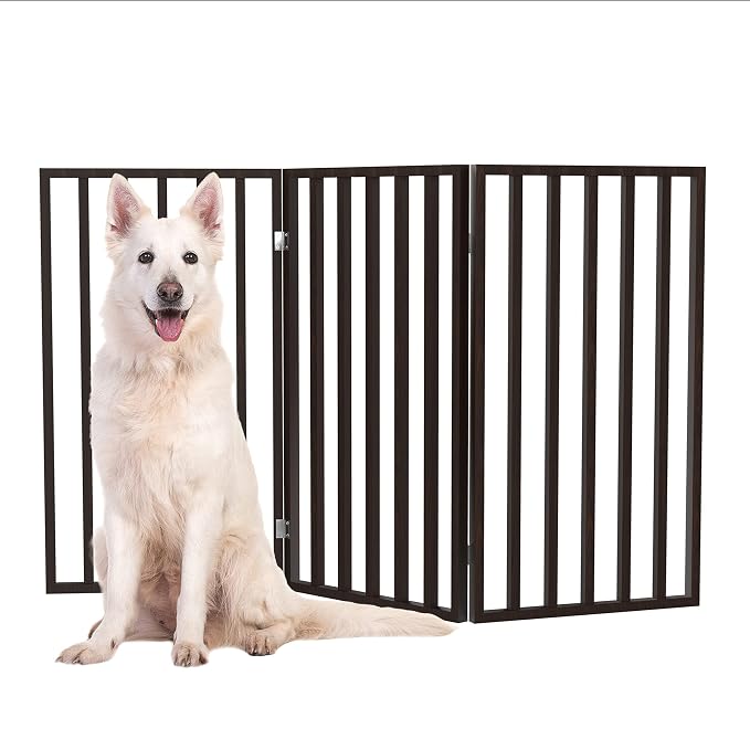 Indoor Pet Gate - 3-Panel Folding Dog Gate for Stairs or Doorways - 54x32-Inch Tall Freestanding Pet Fence for Cats and Dogs by PETMAKER (Brown)