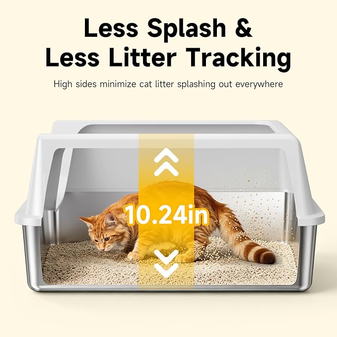 XL Stainless Steel Litter Box with High Sides for Large Cats | Extra Large Tall Wall Open Top Deep Metal Pan, Anti-Leak Non-Stick Odor Control