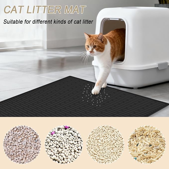 XXL Silicone Cat Litter Mat, 40"x30"(100cmx75cm) Extra Litter Box Mat for Floors, Non-Slip Litter Trapping Mat to Prevent Tracking, Easy to Clean Kitty Litter Catcher Mat, Durable, Gray White