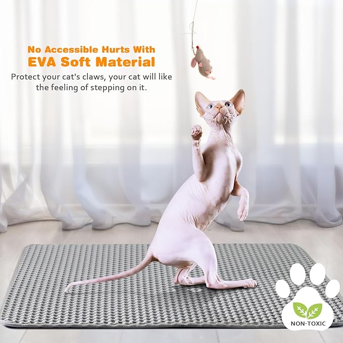 Cat Litter Mat 27"x46",Double Layer EVA litterbox Mat, Gray | Waterproof honeycomb large grid, urine-proof and odor-free. Traps litter, easy cleanup,Washable, non-slip backing
